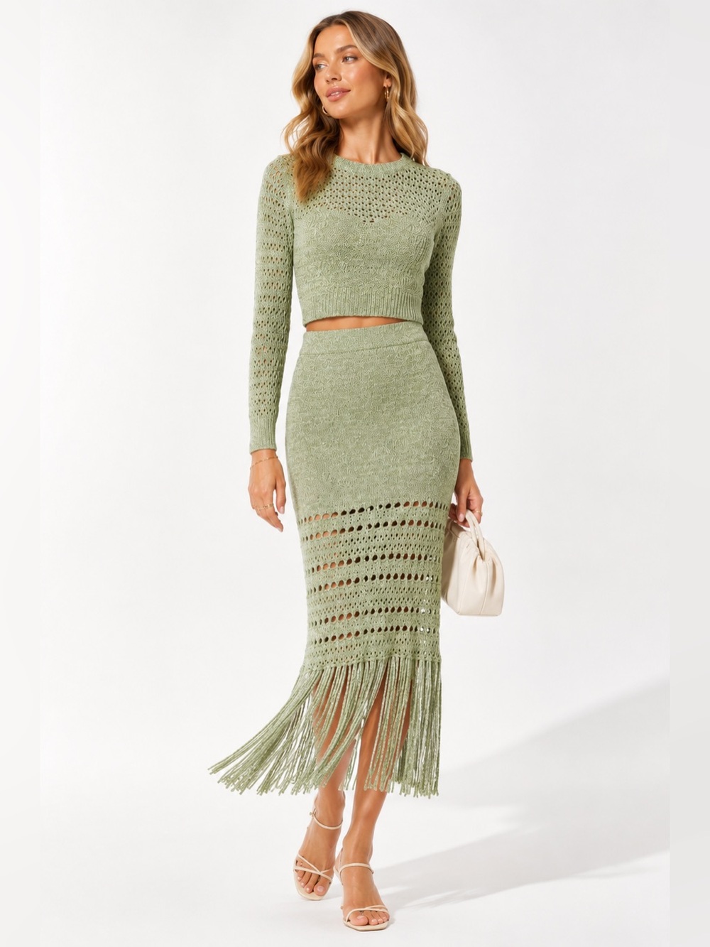 Amanda Uprichard Jayla Knit Fringe Midi Skirt Set Green XL NWT
